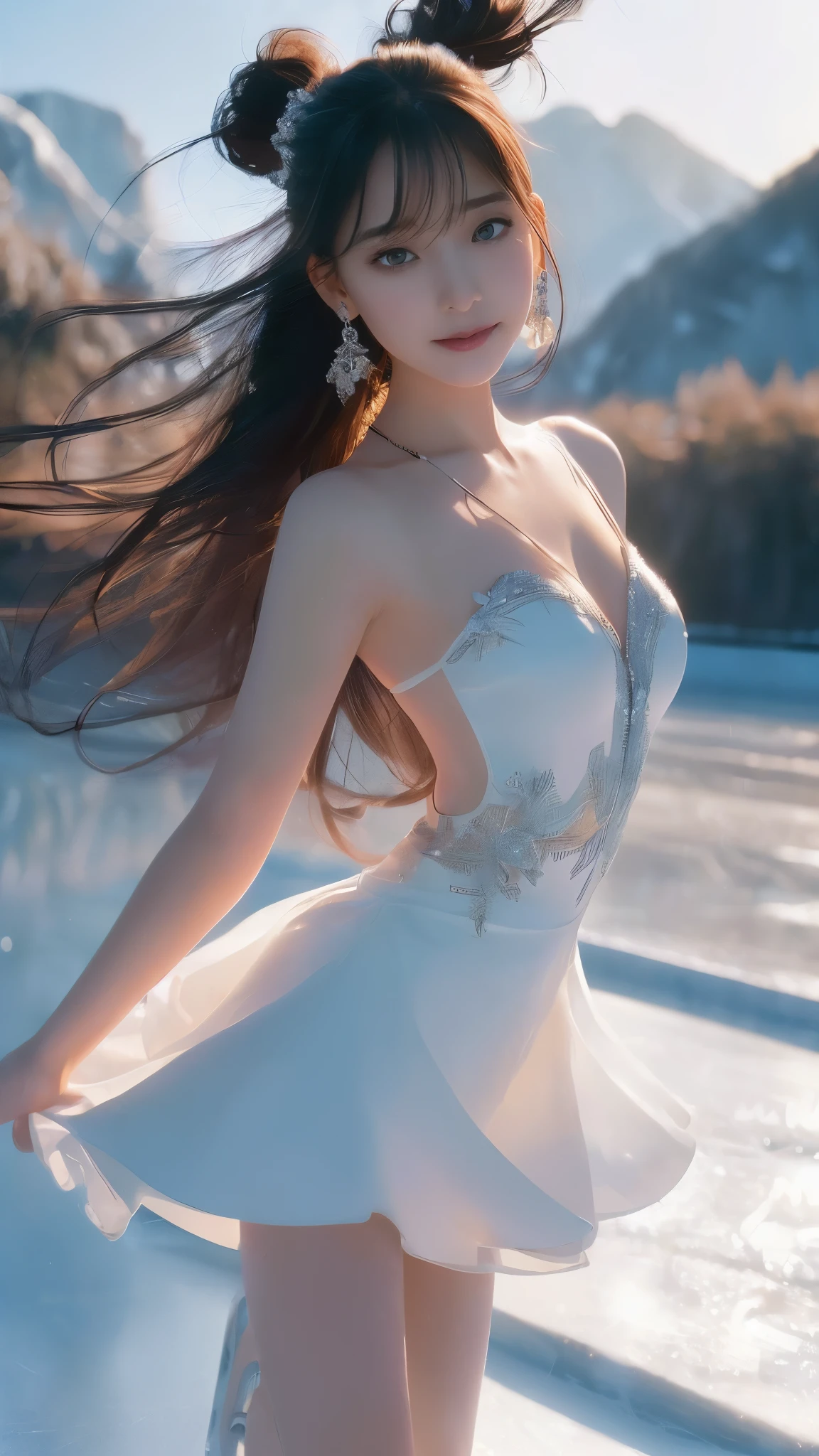 Ice Skater,
17, 1 girl,
Long black hair, bangs,
Windblown hair,
(Bunny eared girl)
Double eyelids,
(Makeup: 0.9),
(Perfect face. Delicate face),
(Jewelry, necklace, earrings),
(White skin),
(Adult body type),
Kirara Jump, Perfect body.
(Tall adult body type, Medium firm breasts, Slim waist),
(Beautiful thighs, Raised arms),
(Dynamic Low Angle, Beautiful highlights).
 ((Happy smiling facial expression:1.1)),
(Moderate firm breasts:1.1),
(Cleavage),
((Thin mini skirt tube dress flares:1.3)),
(Floating dress),
(Proud of her costume),
(Playing ice skating:1.2),
(Ice skating shoes),
(Realistic background, under the mountains on a frozen lake:1.3),
(Looking at the audience,
Detailed face, Proudly, Pull your chin in, A girl wearing a shining and luxurious idol white dress, playing ice skating, on a frozen lake),
(Overexposure),
(Beautiful fashion showing bare thighs and legs)
(Breast flash, Rough skin, Long hair),
((Beautiful brown eyes)),
(Smooth and beautiful eyes, Beautiful eyes with light、Shiny hair、Reflective eyes、Embarrassing),
(Red face:1),
(8k wallpaper, Full thick photo、Light  reflected, Most detailed、Complex, Smooth background、Rough skin、Smooth skin), (Super resolution), Chirarizum、(whole body、美しいwhole body像、body type).