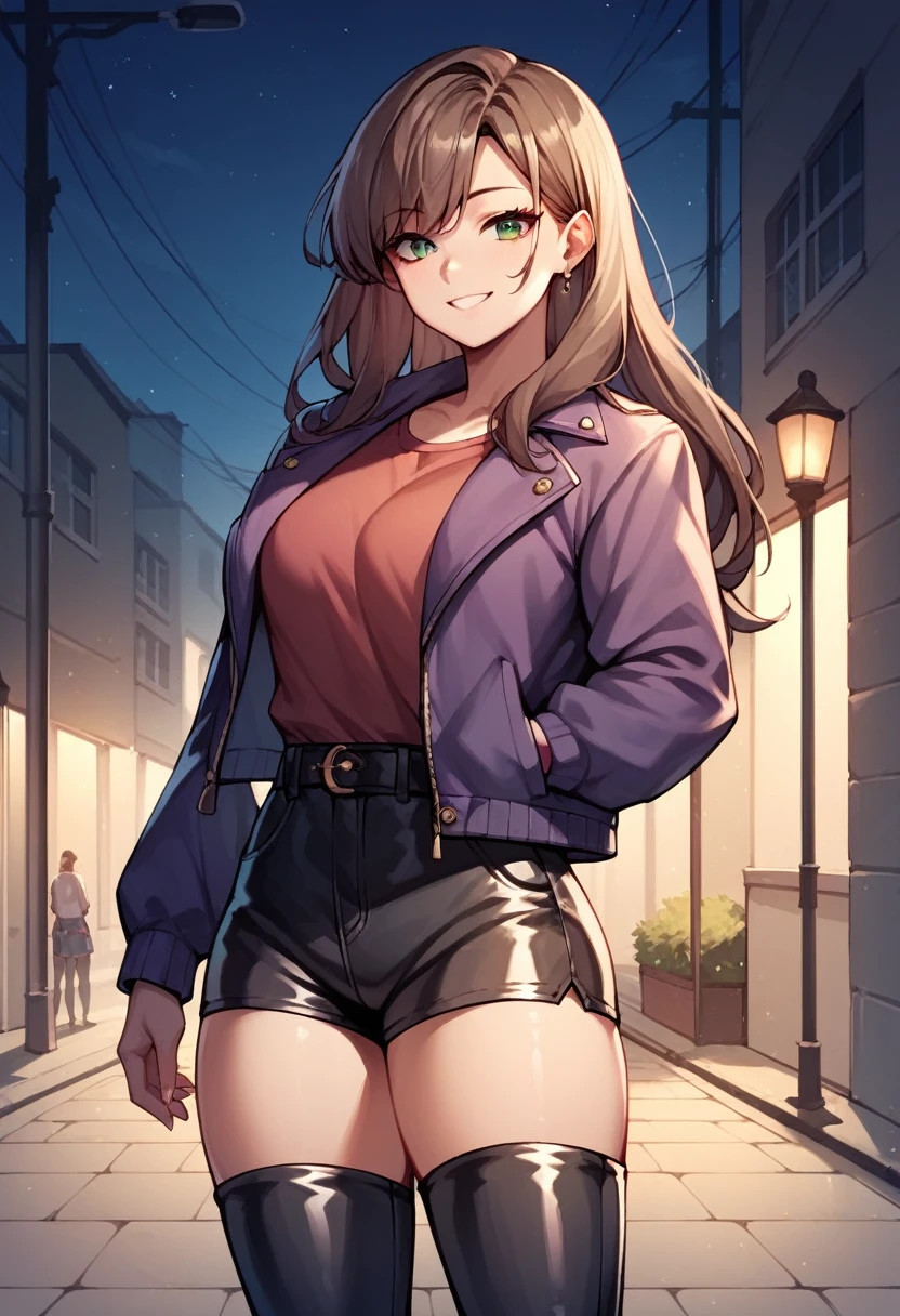 check_9, check_8_up, check_7_up, check_6_up, check_5_up, check_4_up, source_anime, 1 girl,additional protection, upper body, Sexy smile, brown hair, long hair, green eyes, clean hair, purple jacket, leather jacket, black pantsblack thigh high boots, costs, street, Night, looks at the viewer, best quality, best resolution, 4k uhd,
 