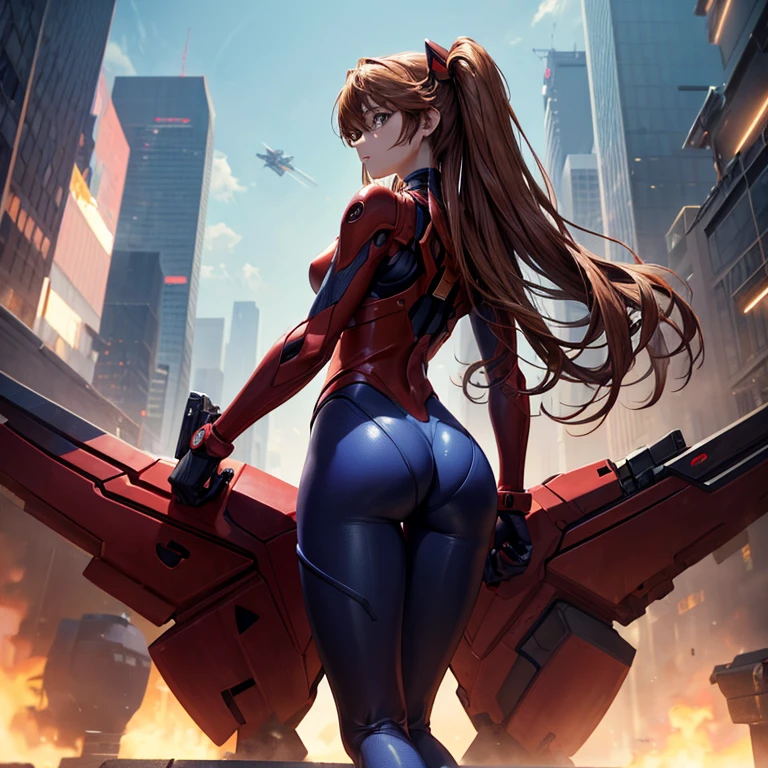 rear view, backside view, turning away, sandy hair, eyes are blue, fit body large breasts slender thighs slender waist pilot suit solo looking away from viewer, in space, long hair, blushing, determination, 8k, extreme detail,