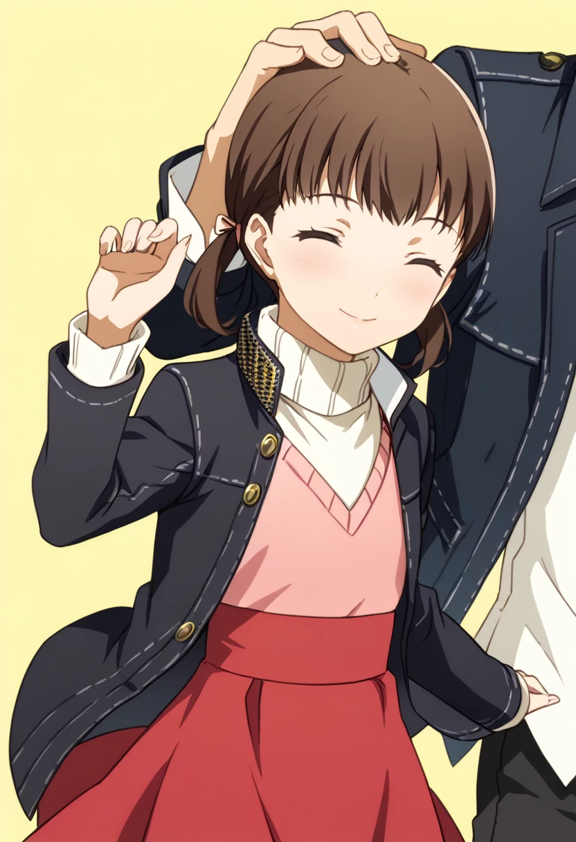 score_9, score_8_up, score_7_up,source_anime,rating_safe,
best quality,masterpiece, High resolution,
1girl, 1boy, yellow background, 

nanako doujima,  girl, brown hair,  Flat Chest, twintails, brown eyes, short twintails, child, dress, turtleneck, long sleeves, sweater,
1girl,nose blush,  smile, closed eyes, pat head, hug, chibi, Flat Chest, 

BREAK  

 narukami yu, boy, grey eyes,school uniform, black jacket, open jacket, long sleeves, white shirt, collared shirt, black pants, open eyes, 