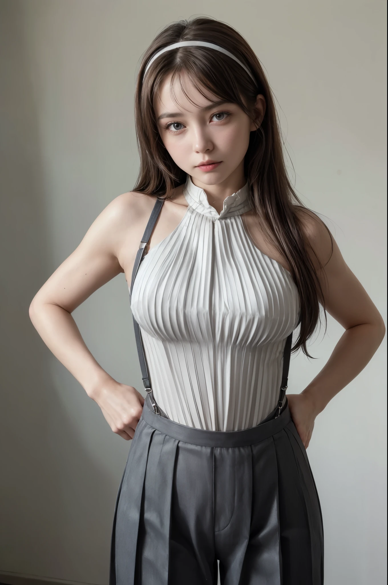 Girl posing for photo in Japanese school uniform, summer, classroom, wet skin, slightly curly shoulder-length hair, cute, upper body, blue and white, streamers, blue short skirt, suspender stockings, slave neck ring, slim body, oversized bust, slim girl model, 18 year old female model,