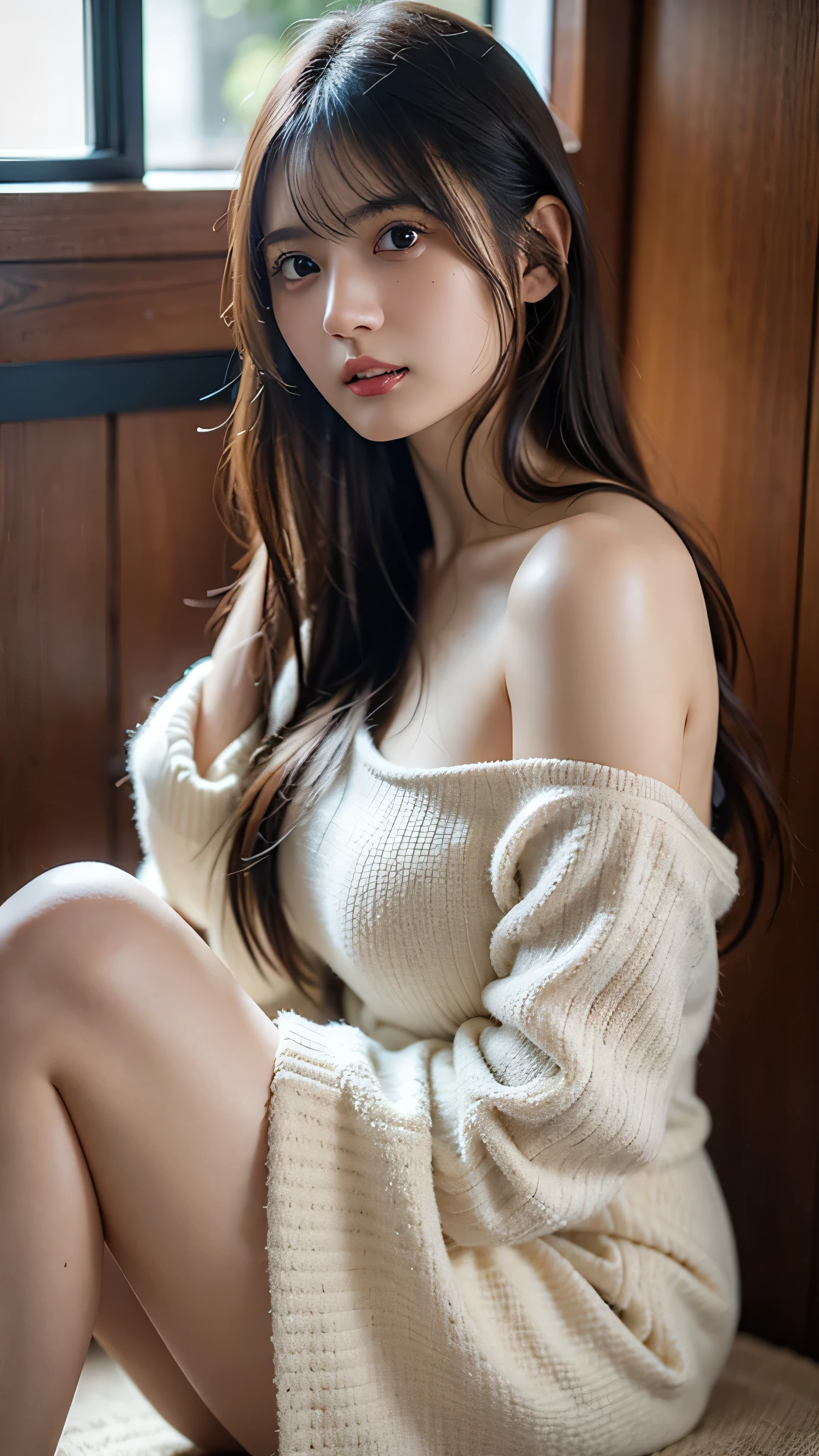 (Best Quality、Ultra-high resolution、In 8K、masterpiece、Realistic、Photorealistic)、Cute Japanese women、1 person、Breaking HA、Brown Hair、length、(Big Breasts:1.2)、Upper body、From the side、Fine hair、Ultra detailed face、Detailed skin、Detailed lips、Breaking HA、Broad shoulders、Beige knit dress、Navy blue jersey、barefoot、break、(Home:1.2)、Daytime、Natural Light