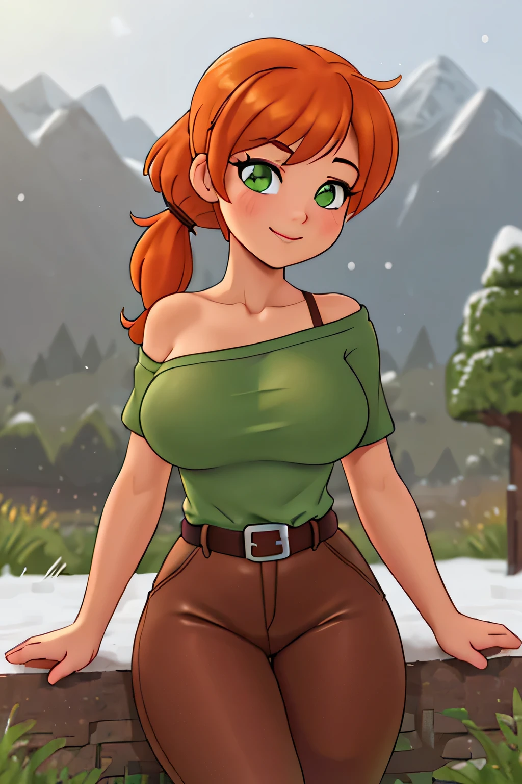 close up 1girl in, photo of Alex, Alex Minecraft, Solo, (messy orange hair, short ponytail over left shoulder, thick Ginger hair, (green eyes: 1.2), (perfect clear skin, pale skin, detailed skin, large breasts, round breasts, perfect body, skinny, thin), (thin hips, thin waist: 1.25), heppy, mischievous smile, laying down making a snow angel, (wearing a green t-shirt, brown bush pants, leather belt, dark leather boots), an epic landscape with a road leading directly to a grand mountain peak. The autumnal trees against the snowy summit signify changing seasons and cycles of nature, The mood is one of awe and transition, (realistic photo, best quality, detailed), (8k wallpaper), (cinematic lighting, beautiful light, (noon:1.3)) (sharp focus, intricate), (dslr, realistic, looking at viewer, sharp focus, delicate, soft colors, cinematic)