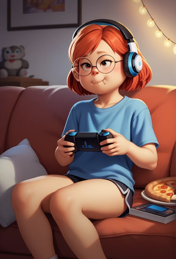 Meilin Lee sitting on a sofa wearing a long dark blue shirt while playing on a video game console and eating a pizza, having a Playstation controller, with headphones on his head, watching tv while playing, wearing round glasses, sitting with legs open on a sofa, room lights off