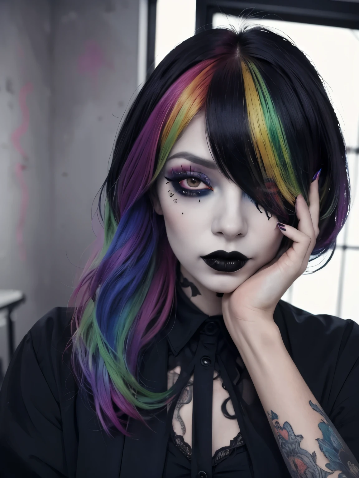 ((best quality)),((masterpiece)),((strikingly beautiful)), 1girl, hair over one eye, black lips, goth, indoors, portrait, rainbow hair