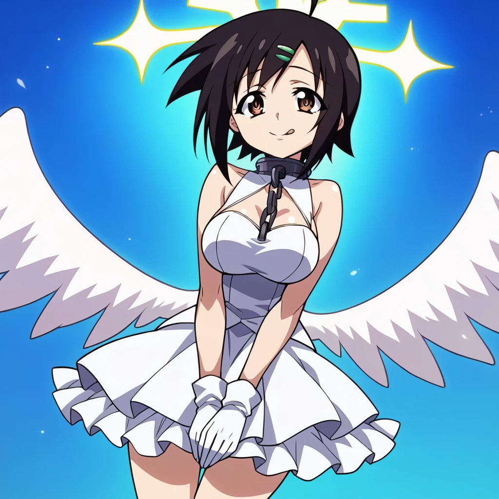 Tomoko (sora no otoshimono), metal collar, ahoge, black hair, brown eyes,hair_ clip, short hair, large breast,  genderswap, genderswap (mtf), robot ears, angel wings , white footwear,  white gloves,  white wings, wings, 	sleeveless, sleeveless dress, short dress, sora no otoshimono, Modern Anime Screencap (Style), Doll Eyes , tongue out, ikaros, A small chain connecting to the metal collar, 
