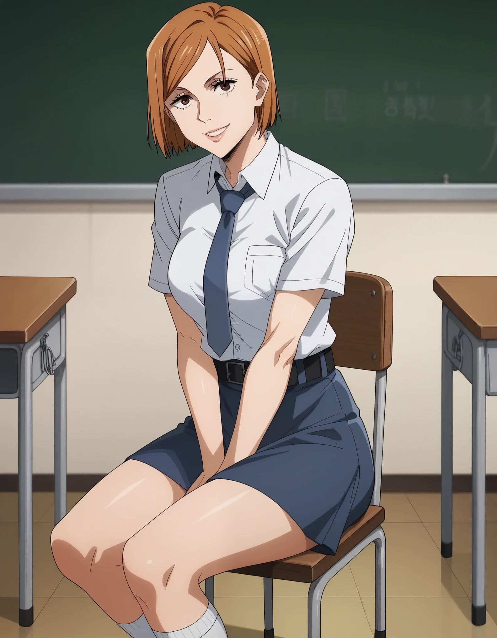 score_9, score_8_up, score_7_up, solo,1girl,nobara kugisaki, kugisaki nobara, bob cut, brown eyes, brown hair, lips, short hair, large breasts, tucked in sma shirt, sma necktie, sma belt, sma skirt, sma shirt, sma skirt, inside classroom, white board, chair, tables thighs, looking at viewer, smile, sunligth, sit on chair, socks, shoes, hands between thighs, anime screencrap, dutch shot