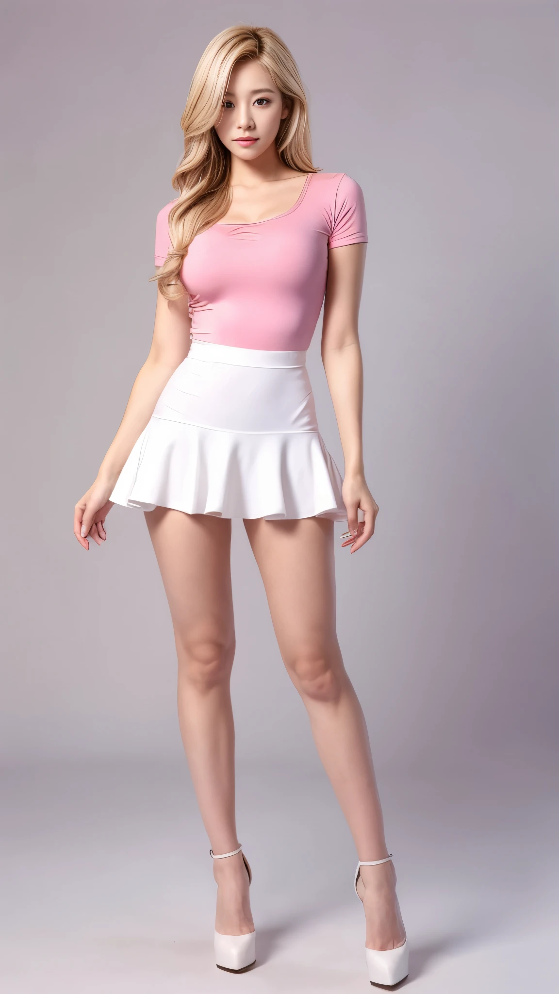 ((Full-Length Shot)),(best quality, high quality, sharp focus:1.4), realistic photo, beautiful blonde woman, photo studio, simple background, skinny, (narrow waist:1.1), (huge breasts:1.1), model face, (wearing white top with pink skater skirt), (sexy outfit, sexy legs), masterpiece, white tank top with pink skirt, sexy face, sexy legs, adult poses