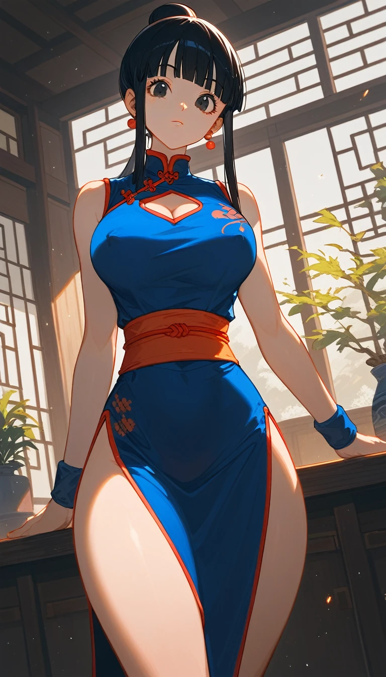 score_9,score_8_up,score_7_up,source_anime,nsfw,cheongsam,dragonballchichi,chi chi,black eyes,black hair,long hair,hime cut,blunt bangs,sidelocks,bare arms,cleavage,barefoot,blue dress,china dress,chinese clothes,dress,high collar,obi,sash,side slit,sleeveless,sleeveless dress,wristband,indoors,dojo,looking at viewer,dutch angle,cowboy shot,(erect nipples),(thick thighs),