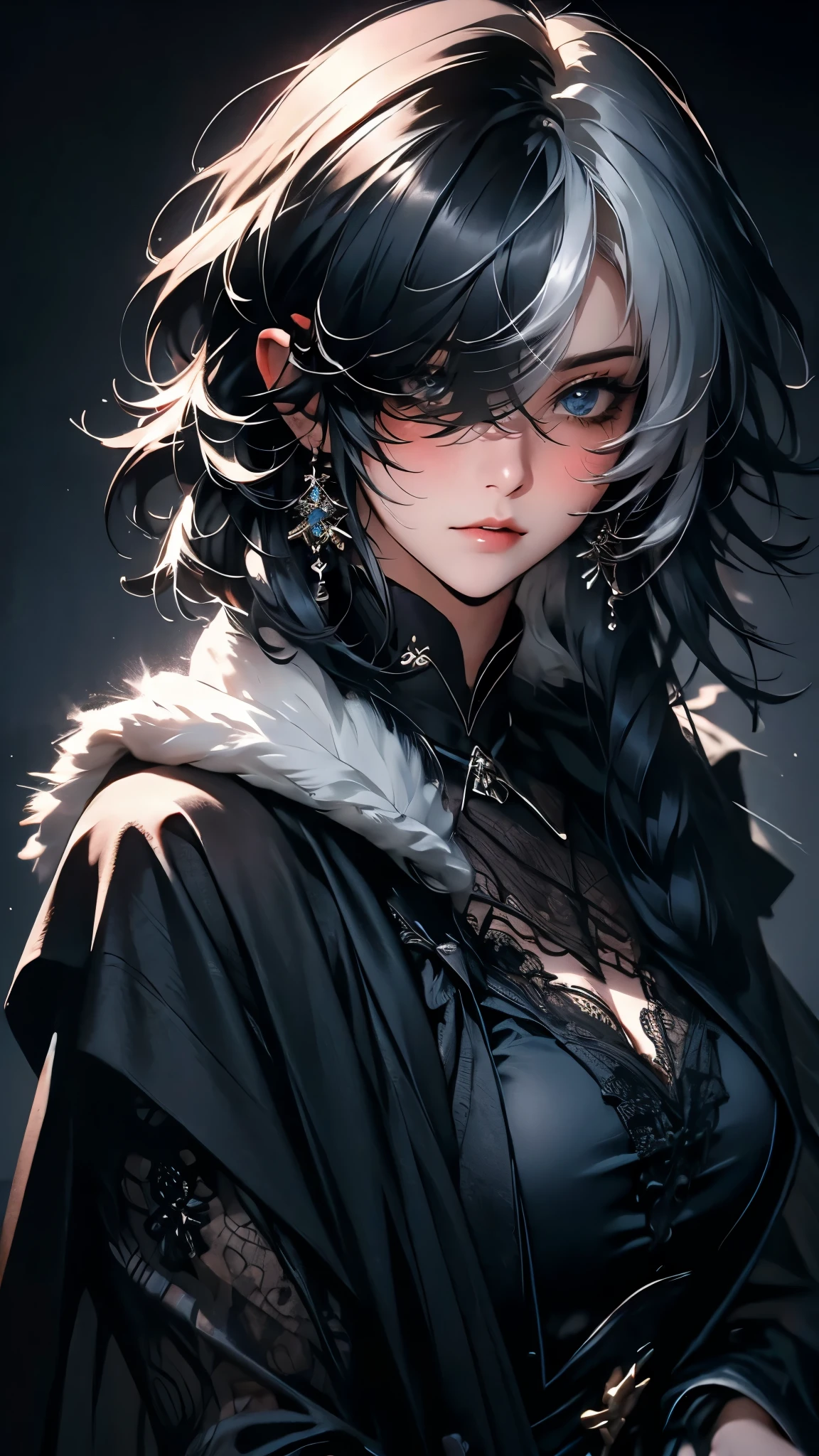 ((Masterpiece)), envision a 8k, highres, cinematic, extremely beautiful semi realistic close up portrait of a beautiful mature lady with a mature face, slender body, ((fluffy black hair)), (multicolored hair), white stripe, (hair over one eye), shy girl, blush, frown, flustered, side locks, choppy bangs, round face, long sweeping bangs, deep dark blue eyes, soft lips, lip gloss, thick eyebrows, round face, All black dress, Victorian lace dress, leotard, fluffy white scarf, cape, (grimoire), ((((1girl)))), in dark lighting, against a dark gray background