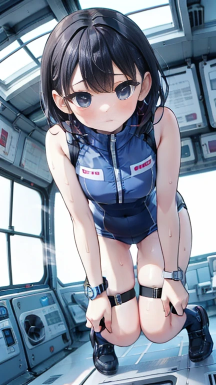 (Highest quality), (masterpiece), 1080P, High resolution, 4K, 8k, Inside the space station、Futuristic room、Thigh straps, Shooting from directly below, The woman on top of me, Nipples, 白いSweat, Covered , Sweat, Woman looking down, Skirt swimsuit, Thigh-high socks, To achieve this, 16 years old, , whole body, Black leather shoes, Braided hair, Inner Color, Embarrassed face, Short black hair, bracelet, Bedroom,celestial body_Vest