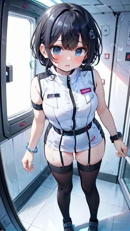 (Best Quality), (masterpiece), 1080P, High resolution, 4K, 8k, Inside the space station、Futuristic room、Thigh straps, Shooting from directly below, The woman on top of me, 白いsweat, Covered , sweat, Woman looking down, Skirt swimsuit, Thigh-high socks, To achieve this, , , whole body, Black leather shoes, Braided Hair, Inner Color, Embarrassed face, Short black hair, bracelet, bedroom,astrovest
