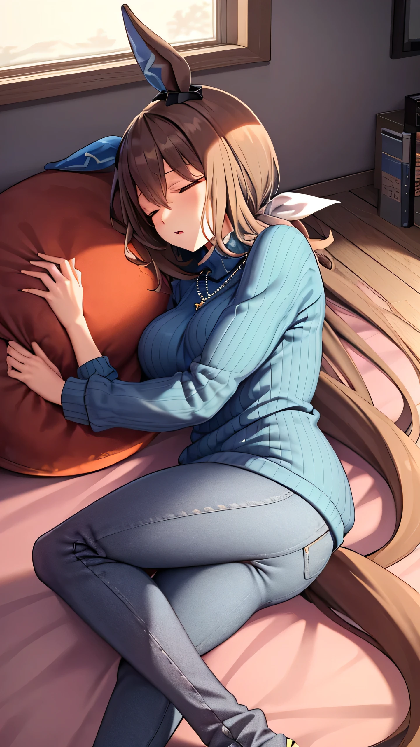 masterpiece, best quality,
admire vega \(umamusume\),
indoor, object hug, pillow, bed sheet, lying, sleeping, on side,
pants, long sleeves, blue sweater, turtleneck sweater, ribbed sweater, jeans, jewelry, casual, necklace, 
