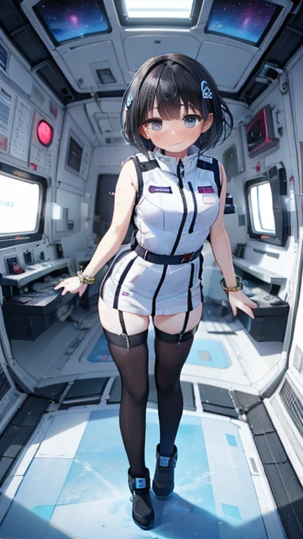 (Best Quality), (masterpiece), 1080P, High resolution, 4K, 8k, Inside the space station、Futuristic room、Thigh straps, Shooting from directly below, The woman on top of me, 白いsweat, Covered , sweat, Woman looking down, Skirt swimsuit, Thigh-high socks, To achieve this, , , whole body, Black leather shoes, Braided Hair, Inner Color, Embarrassed face, Short black hair, bracelet, bedroom,astrovest
