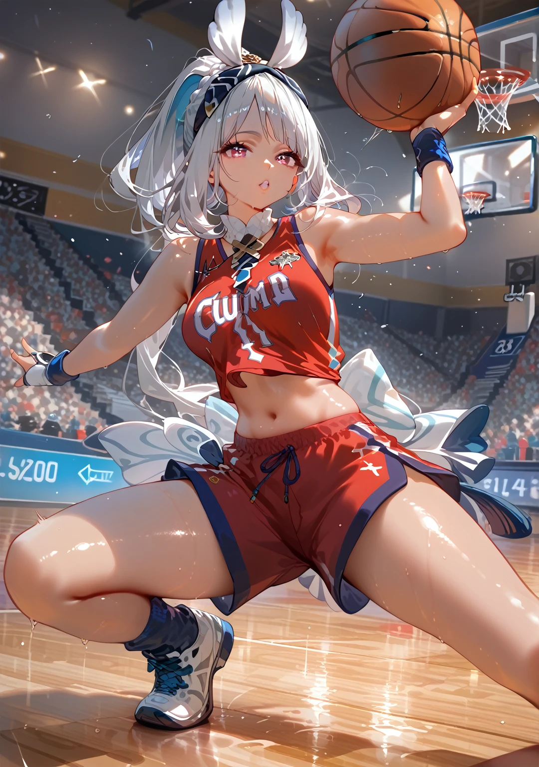 Highest quality, Highest quality, High quality illustrations, masterpiece, Ultra-high resolution, Detailed Background, Absurd, Perfect Anatomy, performance, Good lighting, Shadows in the movies, 1 girl, solo, mualani_\(genshin_impact\), alternate costume, medium breasts, action pose, dunking a ball through the hoop, slam dunk, In a gym, playing basketball, wearing a basketball uniform, dunking a ball through the hoop, hair in a ponytail, lean athletic build, Red uniform with white details, bewitching thighs, gleaming, shiny, shiny skin, shiny outfit, two beautiful legs