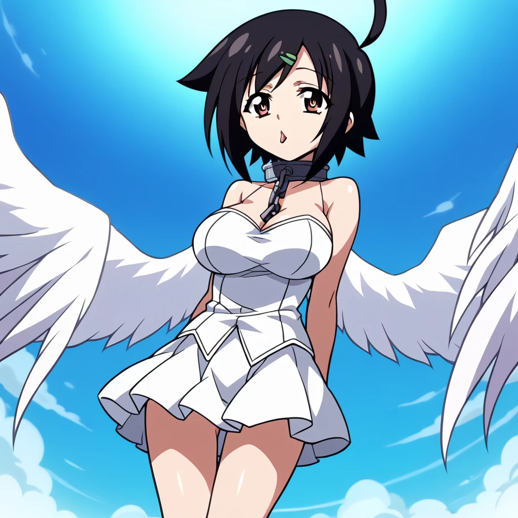 Tomoko (sora no otoshimono), metal collar, ahoge, black hair, brown eyes,hair_ clip, short hair, large breast,  genderswap, genderswap (mtf), robot ears, angel wings , white footwear,  white gloves,  white wings, wings, 	sleeveless, sleeveless dress, short dress, sora no otoshimono, Modern Anime Screencap (Style), Doll Eyes , tongue out, ikaros, A small chain connecting to the metal collar, 
