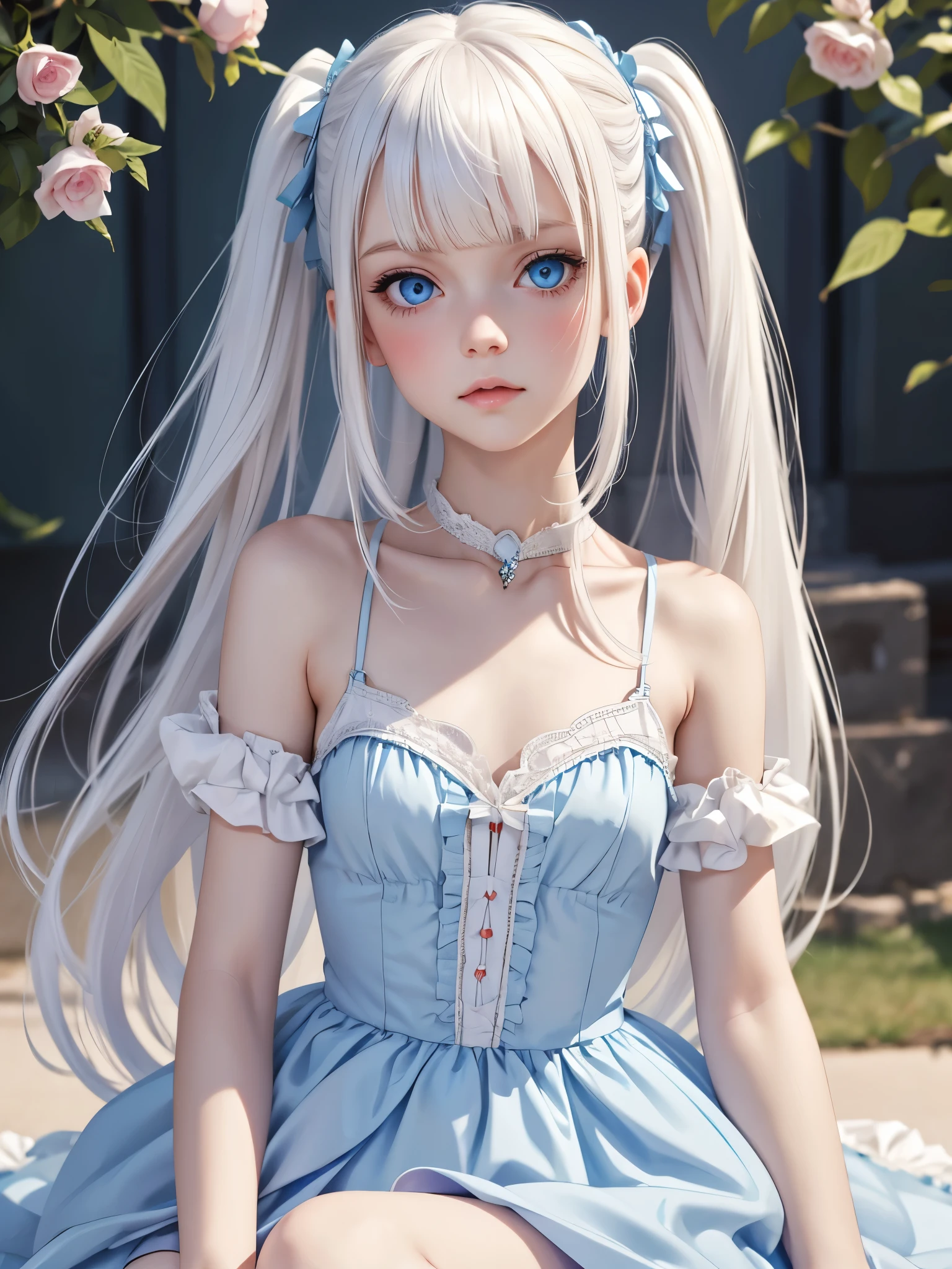 (best quality), 1girl, female, pale skin, white hair, long hair, swept bangs, straight hair, blue eyes, perfect eyes, lolita dress, petite, skinny body, flat chest, blush, masterpiece, anatomically correct, highres
