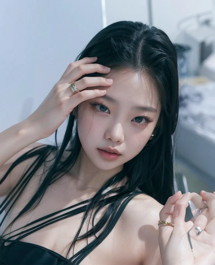 （best qualtiy，8K, Yes，32K，tmasterpiece，hyper HD：1.2），Beautiful Japanese woman in the photo，Long-haired，full bodyesbian，Oversized，choker necklace，simple backgound，from the above, Foam clogs critical areas, (8K, RAW photos, Best quality, Masterpiece: 1.2), Real people, Realistic, Portrait photos, taking a shower，浴室，Air bubbles cover the chest，With water droplets on the body