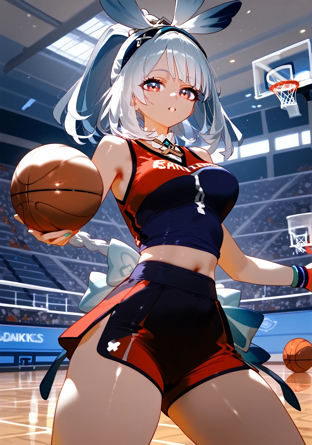 Highest quality, Highest quality, High quality illustrations, masterpiece, Ultra-high resolution, Detailed Background, Absurd, Perfect Anatomy, performance, Good lighting, Shadows in the movies, 1 girl, solo, mualani_\(genshin_impact\), alternate costume, medium breasts, action pose, dunking a ball through the hoop, slam dunk, In a gym, playing basketball, wearing a basketball uniform, dunking a ball through the hoop, hair in a ponytail, lean athletic build, Red uniform with white details, bewitching thighs, gleaming, shiny skin, shiny, two beautiful legs