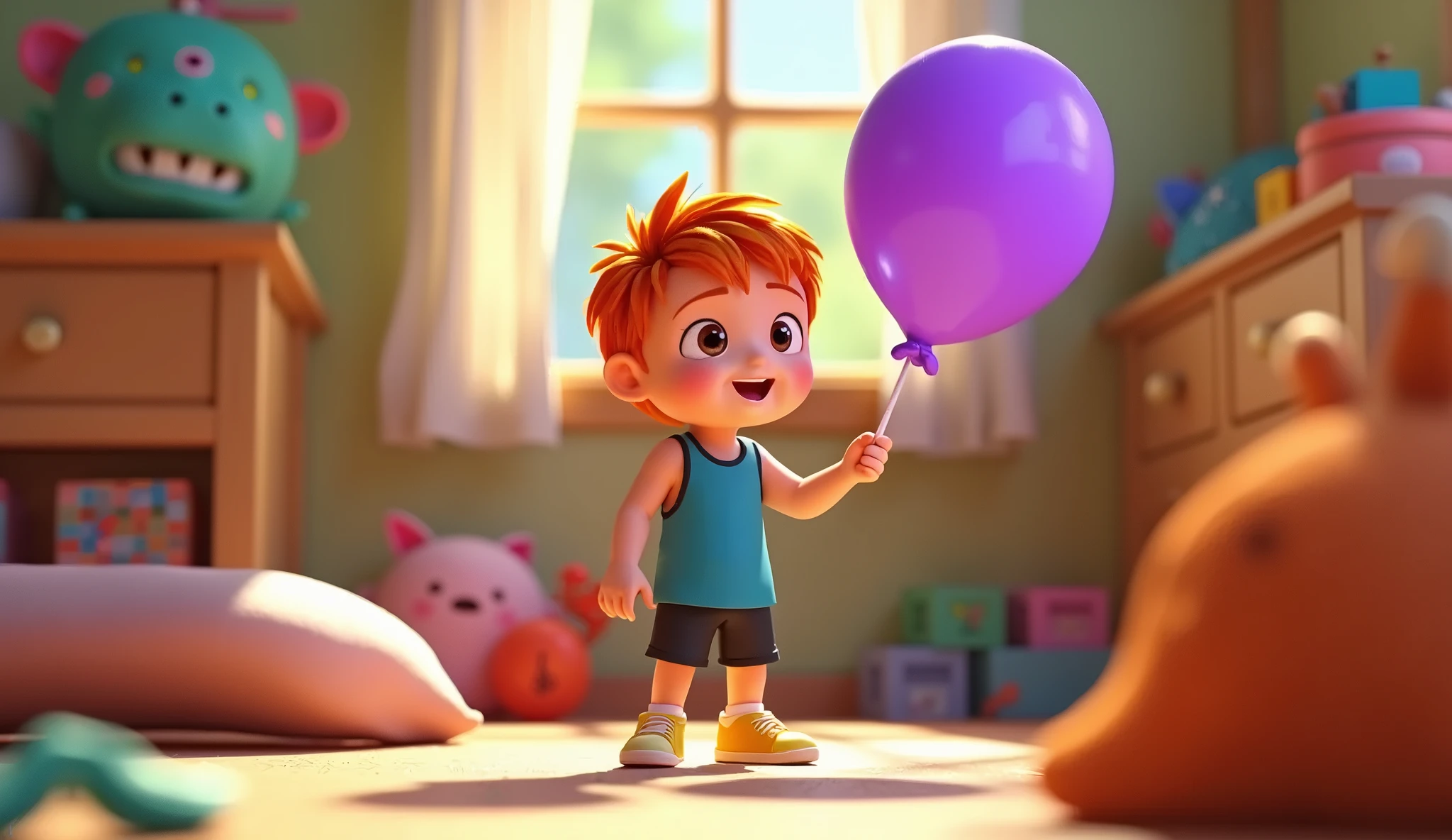 "A Pixar-style 3D animation of Bento, a little red-haired boy with brown eyes, holding a purple air balloon, in the center of his blue and colorful room, vibrant and lively. The room is full of colorful toys, and Bento is wearing a tank top blue, black shorts and yellow sneakers. The atmosphere is warm and inviting."#3D,Pixar,Disney-Style.