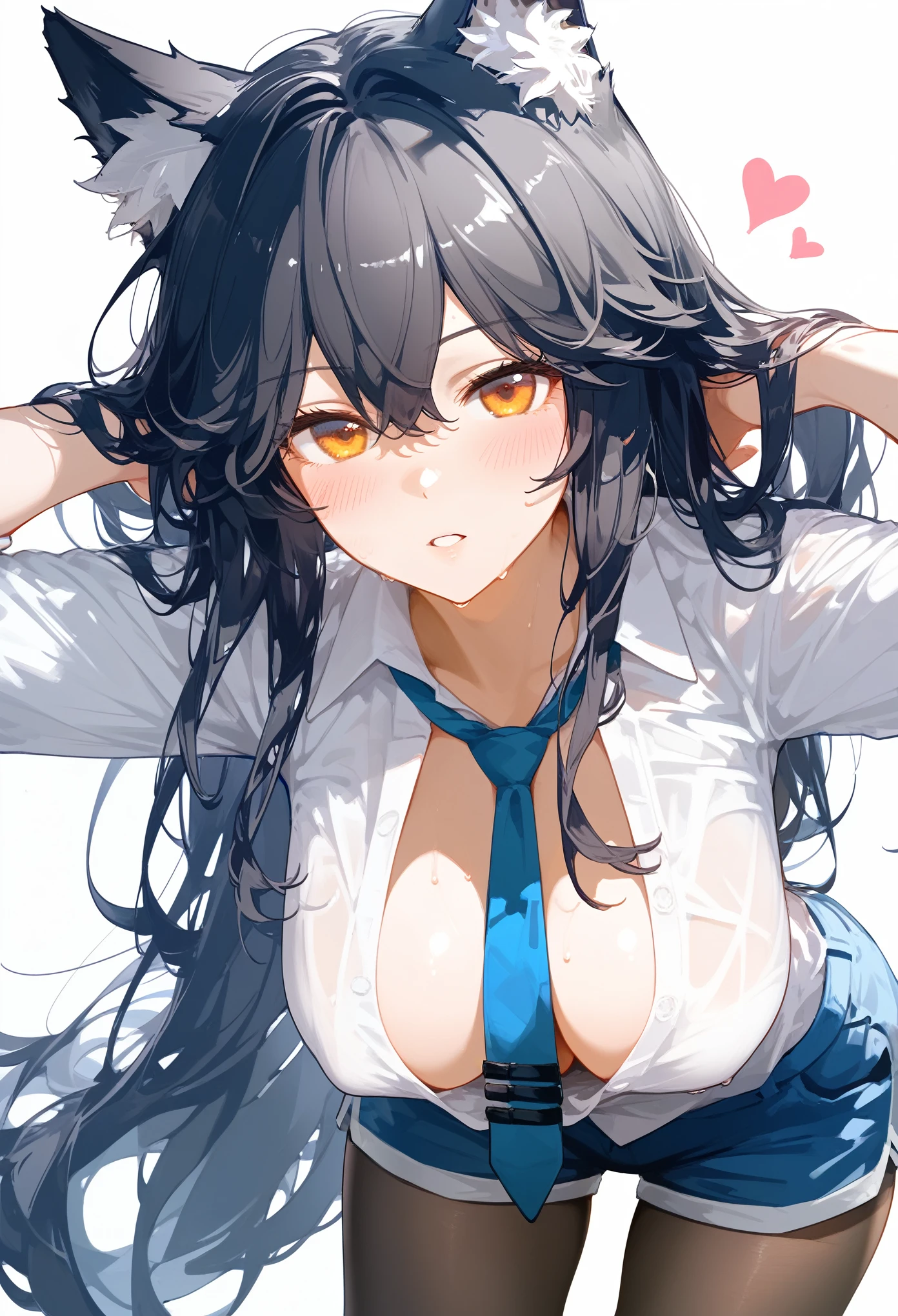 score_9, score_8_up, score_7_up, inzaniak
1girl, solo, long hair, breasts, looking at viewer, blush, bangs, large breasts, simple background, shirt, black hair, long sleeves, white background, animal ears, cleavage, hair between eyes, brown eyes, very long hair, white shirt, heart, pantyhose, sweat, parted lips, open clothes, shorts, collared shirt, orange eyes, animal ear fluff, black pantyhose, open shirt, no bra, leaning forward, wolf ears, blue shorts, blue necktie, hanging breasts, texas (arknights)