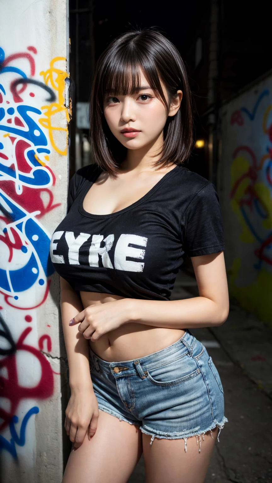 masterpiece, best quality, illustration, Super detailed, fine details, High resolution, 8K,wall paper, perfect dynamic composition,(Details High quality, realistic depiction of eyes:1.3),  (Japanese teenage girl standing in a dirty back alley at night, graffitied wall:1.1), (wearing a tattered and dirty t-shirt.:1.1), Wearing baggy pants, dirty body, short bob hair, black hair color, Big Natural Color Lip,  seductive face, provocative look, crying a little、Harajuku style、(graffiti), night time, 20 year old girl、cute type、lolita, Gravure Idol, full body photo、focus on crotch, (huge breasts)