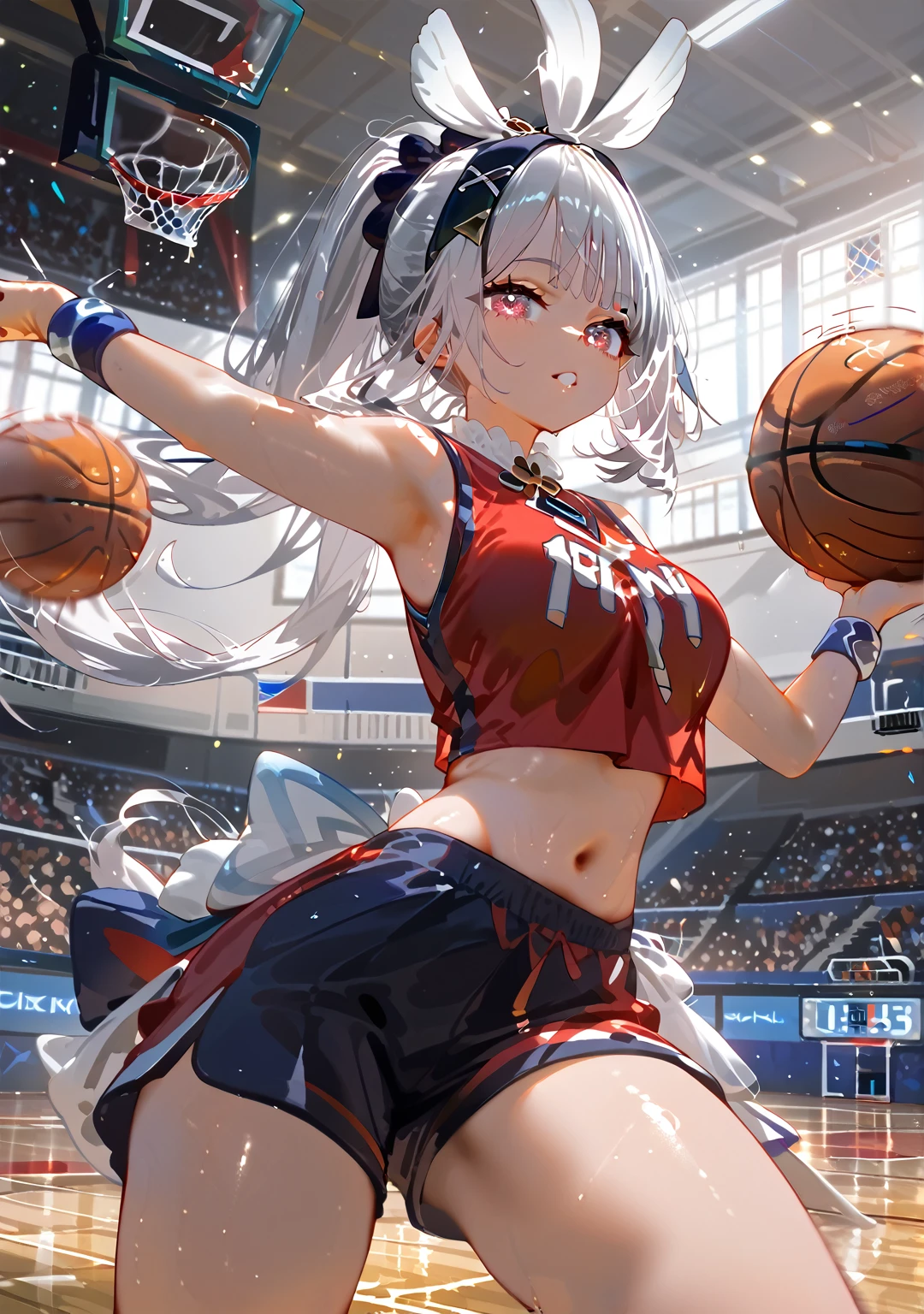 Highest quality, Highest quality, High quality illustrations, masterpiece, Ultra-high resolution, Detailed Background, Absurd, Perfect Anatomy, performance, Good lighting, Shadows in the movies, 1 girl, solo, mualani_\(genshin_impact\), alternate costume, medium breasts, action pose, dunking a ball through the hoop, slam dunk, In a gym, playing basketball, wearing a basketball uniform, dunking a ball through the hoop, hair in a ponytail, lean athletic build, Red uniform with white details, bewitching thighs, gleaming, shiny, shiny skin, shiny outfit, two beautiful legs