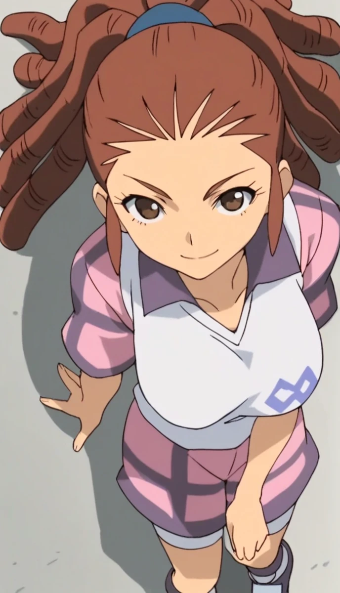 Scoring_9, Scoring_8_above, Scoring_7_above, Scoring_6_above, Scoring_5_above, Scoring_4_above, source_anime, 1 , Midou Reika, Dreadlocks, long hair, high ponytail, brown eyes, pose, leaning forward, smile, looking at the observer, big breasts.