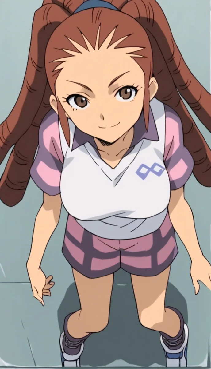 Scoring_9, Scoring_8_above, Scoring_7_above, Scoring_6_above, Scoring_5_above, Scoring_4_above, source_anime, 1 , Midou Reika, Dreadlocks, long hair, high ponytail, brown eyes, pose, leaning forward, smile, looking at the observer, big breasts.