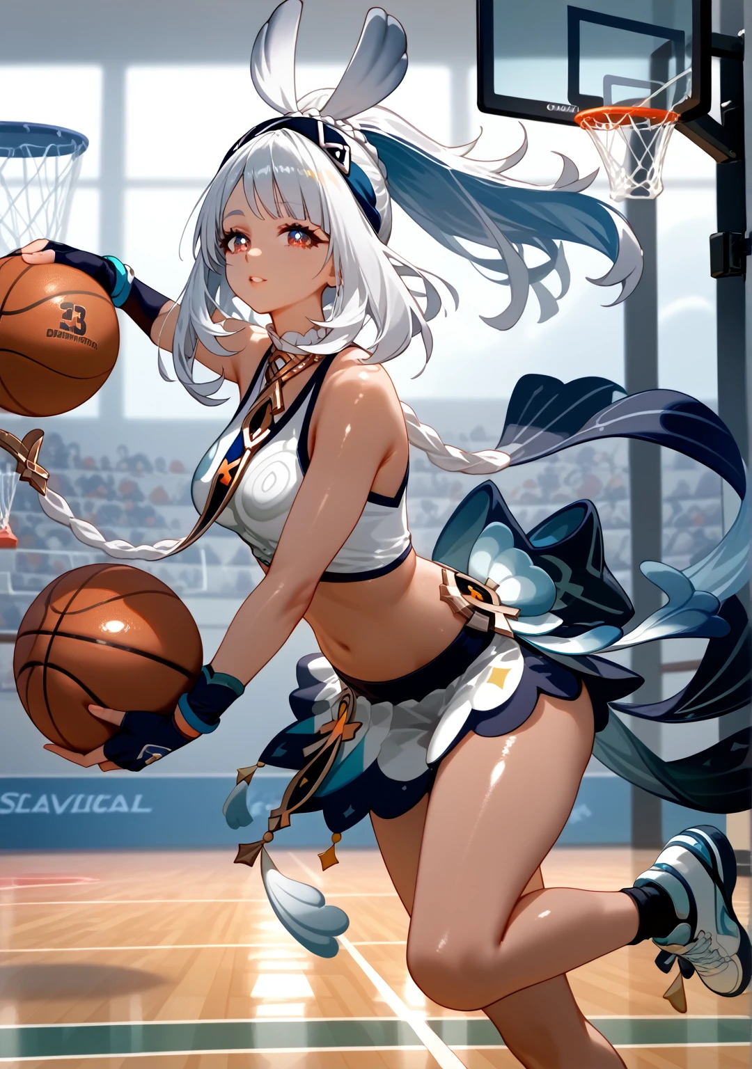 Highest quality, Highest quality, High quality illustrations, masterpiece, Ultra-high resolution, Detailed Background, Absurd, Perfect Anatomy, performance, Good lighting, Shadows in the movies, 1 girl, solo, mualani_\(genshin_impact\), alternate costume, medium breasts, action pose, dunking a ball through the hoop, slam dunk, In a gym, playing basketball, wearing a basketball uniform, dunking a ball through the hoop, hair in a ponytail, lean athletic build, Red uniform with white details, bewitching thighs, gleaming, shiny skin, shiny, two beautiful legs