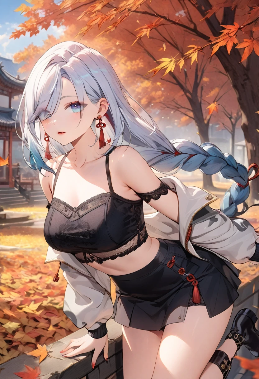 (best quality, masterpiece), 1women ,4k, 8k, uhd, hdr, detailed background, beautiful detailed eyes, long hair,Autumn outfits, Fashion Snap, (), Cropped lace detail top（black）,off-shoulder knit, jacket, a miniskirt, boots, rcasual, , Dynamic pose, (whole body, shenhe, blue eyes, braided ponytail, earrings, eyelashes, eyeliner, eyes visible through hair, eyeshadow, hair between eyes, makeup, red eyeshadow, sidelocks, single earring, symbol-shaped pupils, tassel, tassel earrings, white hair, long hair, solo, 1 person