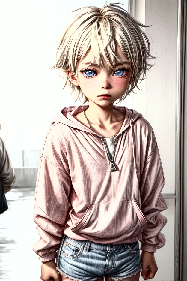 Anime style, Highres, Masterpiece, Best quality at best, Best Quality, hight quality, hight detailed, 1boy, (**********), boy, blonde boy, blond Hair, perfect boy body, cute boy, detailed light blue eyes, detailed eyes, short hair, messy hair, pastel rainbow inner hair color mesh, Neutral Facial Features, boy flirty posing, wears a open zipper pink hoodie, silver necklace with a pastel pink heart, boy chest, detailed too very short mini blue jean shorts, beautiful long legs, rainy afternoon on the street, highest quality,