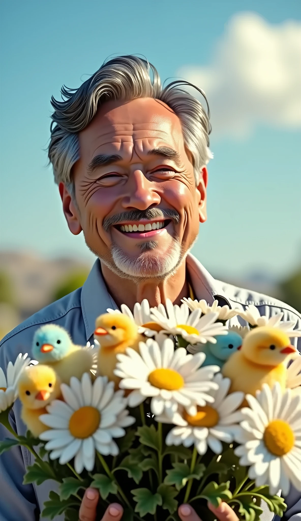 “A man with gradually graying hair, transitioning from black to white, smiles warmly as he holds an ultra-realistic bouquet of daisies mixed with fluffy baby chicks. The chicks, in shades of yellow, soft blue, and cream, nestle naturally among the fresh white petals of the daisies. The lighting is bright and natural, perfectly capturing the sunny outdoor setting with a clear blue sky and subtle background blur, enhancing the lifelike quality. The man’s hair, with its black-to-white gradient, adds a distinguished yet natural touch, matching the realism of the scene. Every fine detail, from the chicks’ soft feathers to the delicate texture of the flowers, creates the impression of a genuine moment captured in reality.”