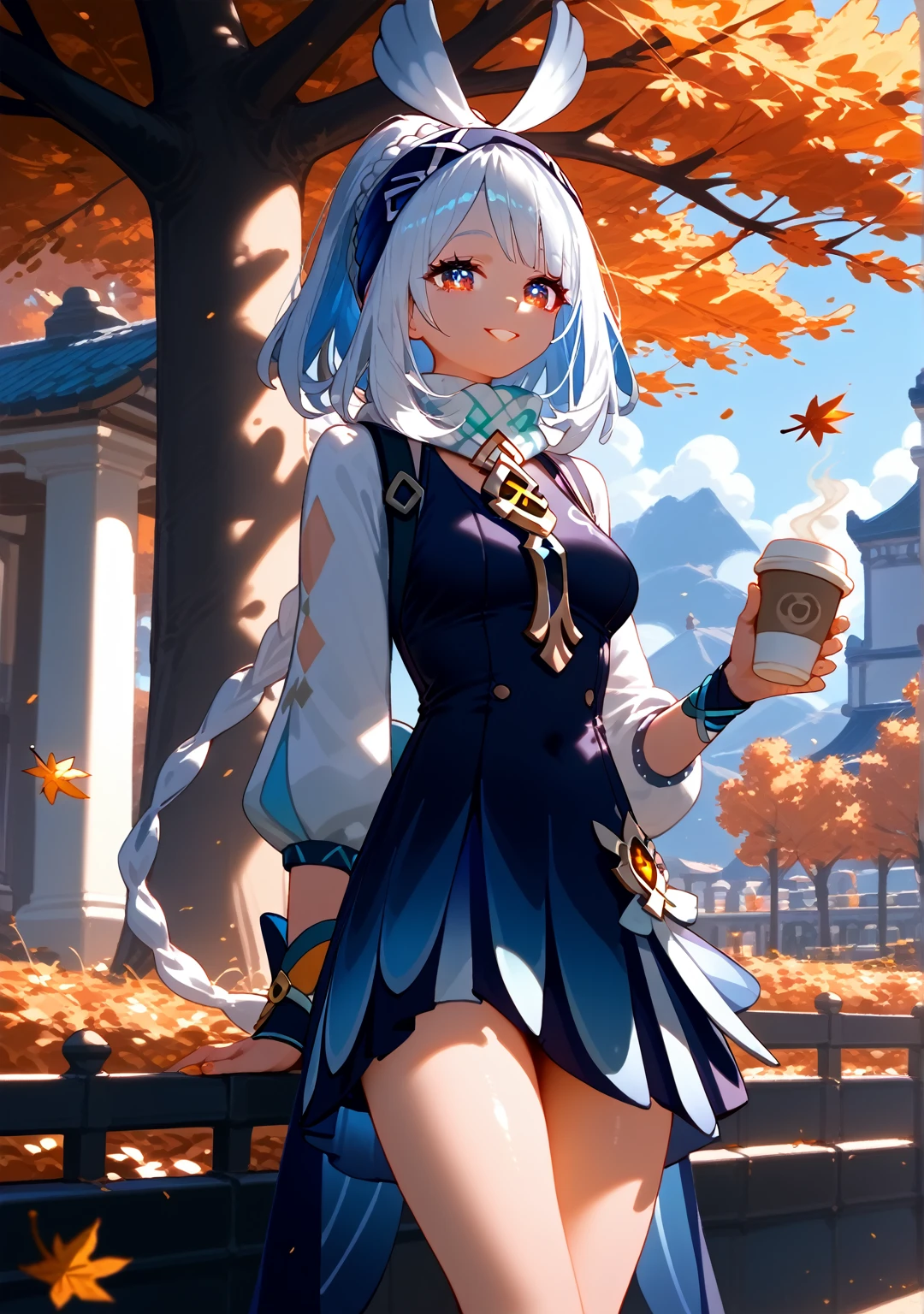 Highest quality, Highest quality, High quality illustrations, masterpiece, Ultra-high resolution, Detailed Background, Absurd, Perfect Anatomy, performance, Good lighting, Shadows in the movies, 1 girl, solo, mualani_\(genshin_impact\), alternate costume, medium breasts, standing in a park, fall season, beautiful autumn leaves, standing, scarf, open jacket, admiring the trees holding a coffee, happy, bewitching thighs, gleaming, shiny skin, shiny, two beautiful legs