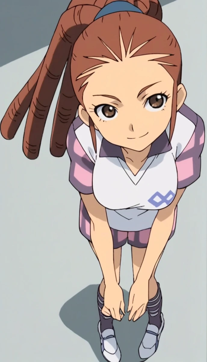 Scoring_9, Scoring_8_above, Scoring_7_above, Scoring_6_above, Scoring_5_above, Scoring_4_above, source_anime, 1 , Midou Reika, Dreadlocks, long hair, high ponytail, brown eyes, pose, leaning forward, smile, looking at the observer, very large breasts.