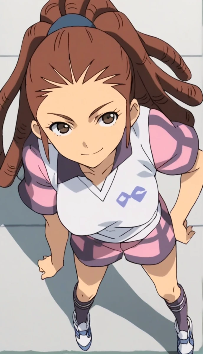 Scoring_9, Scoring_8_above, Scoring_7_above, Scoring_6_above, Scoring_5_above, Scoring_4_above, source_anime, 1 , Midou Reika, Dreadlocks, long hair, high ponytail, brown eyes, pose, leaning forward, smile, looking at the observer, very large breasts.