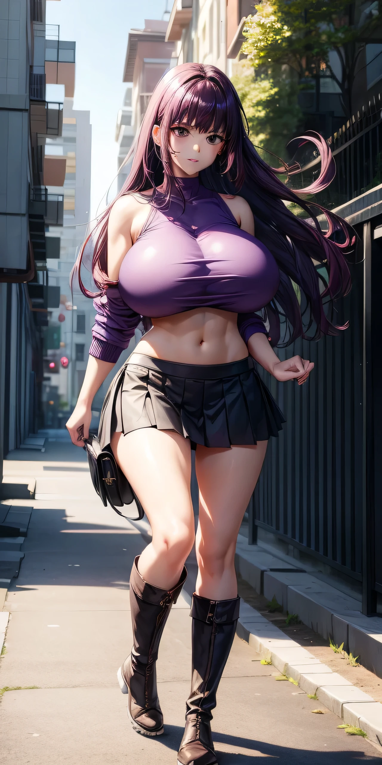 a beauty girl、Sana Sunomiya、 A dark purple haired、Longhaire、(gigantic breast:1.3)、well-muscled、abdominals、Nice Buddy、Sportsbra、jaket、skirt by the、knee boots、Navel Ejection、Walking、town