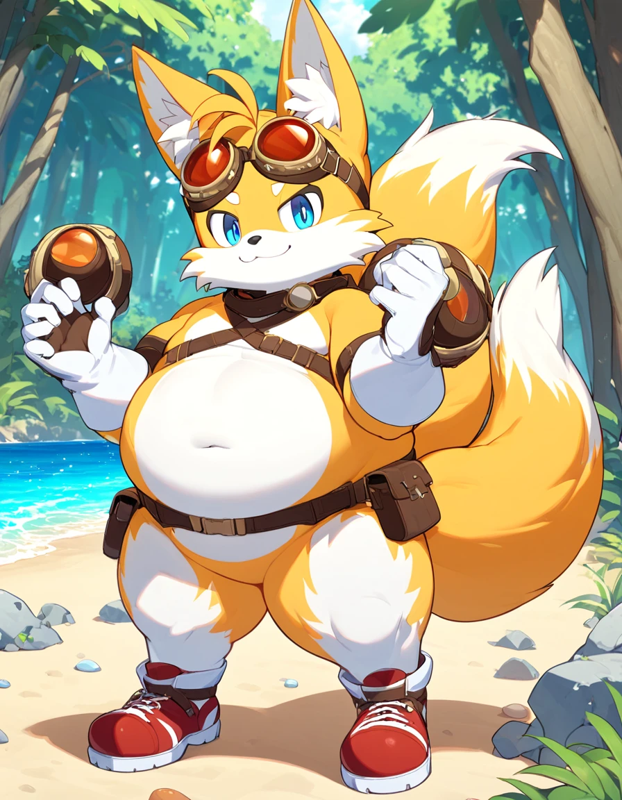 fat tails_boom, solo, fat body, smile, blue eyes, gloves, 1boy, animal ears, male focus, white gloves, fox ears, two tails, goggles, big checks, thick thighs, cute, goggles on ,furry male, animal nose, fox boy,  ocean, forest, coast, sand, red shoes, trees, stones