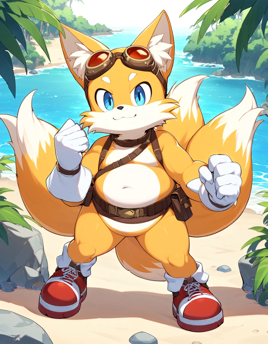 fat tails_boom, solo, fat body, smile, blue eyes, gloves, 1boy, animal ears, male focus, white gloves, fox ears, two tails, goggles, big checks, thick thighs, cute, goggles on ,furry male, animal nose, fox boy,  ocean, forest, coast, sand, red shoes, trees, stones