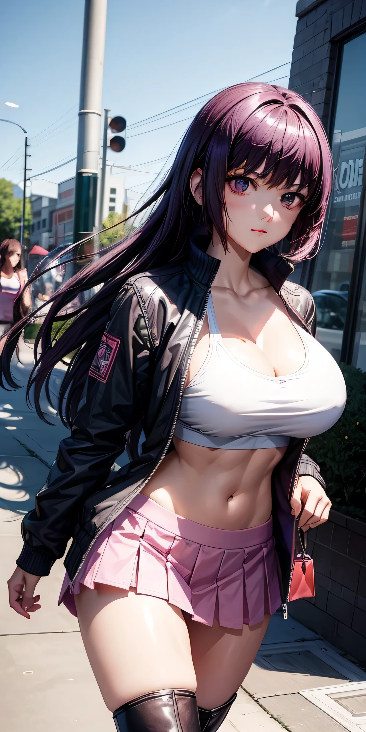 a beauty girl、Sana Sunomiya、 A dark purple haired、Longhaire、(large breasts:1.3)、well-muscled、abdominals、Nice Buddy、Sportsbra、jaket、skirt by the、knee boots、Navel Ejection、Walking、town