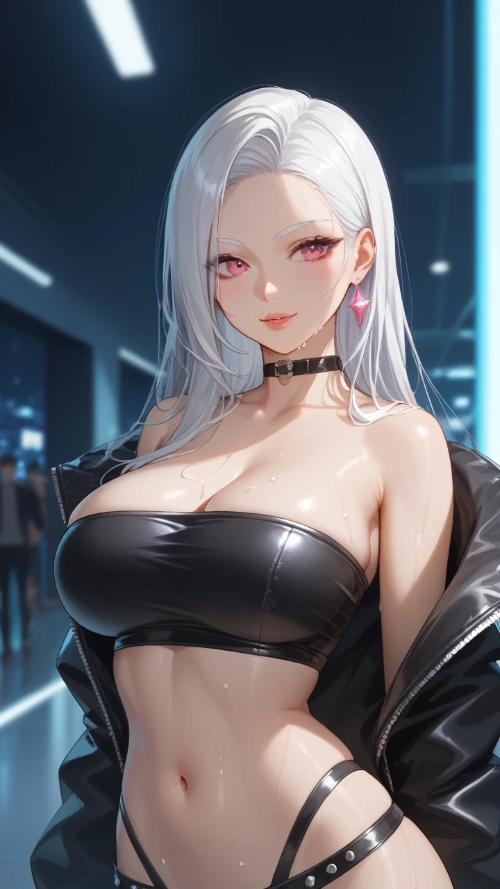 score_9, score_8_up, score_7_up, 1girl, solo, choco skin, long silver natural hair with side-swept-hairstyle, pink eyes, white eyelash, white eyebrows, upper body, white hair, tube top with leather jacket, navel, (low-waist-micro-hot-pants), blurry, lips, wet, corridor, view from behind, facing viewer, three quarter view, dynamic angle, disco night club background, vibrant color