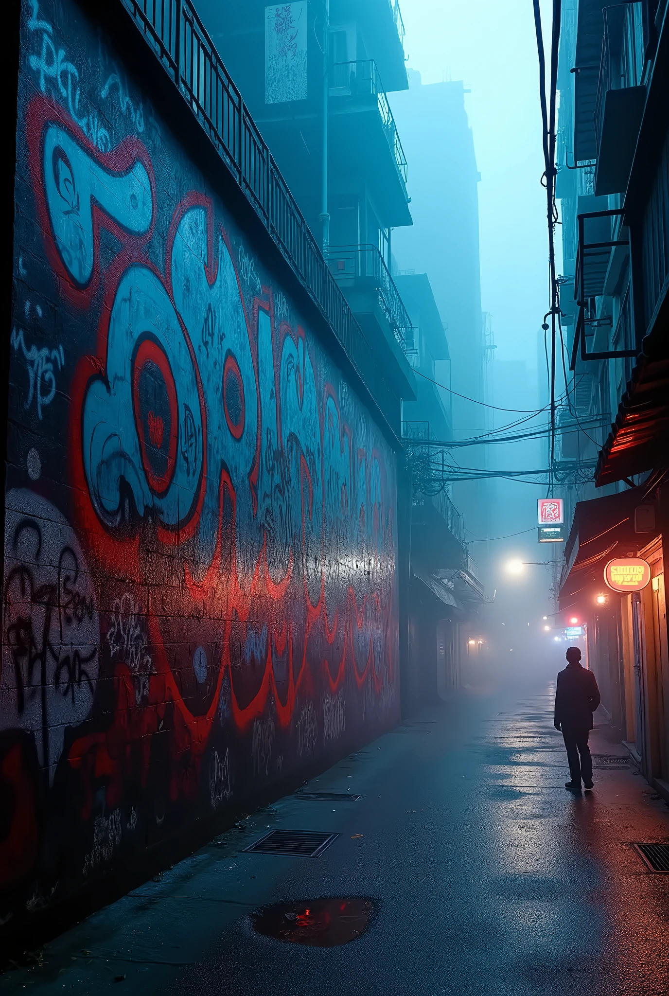 monster, dark alley, red graffiti, shadow, night, red led, japanese