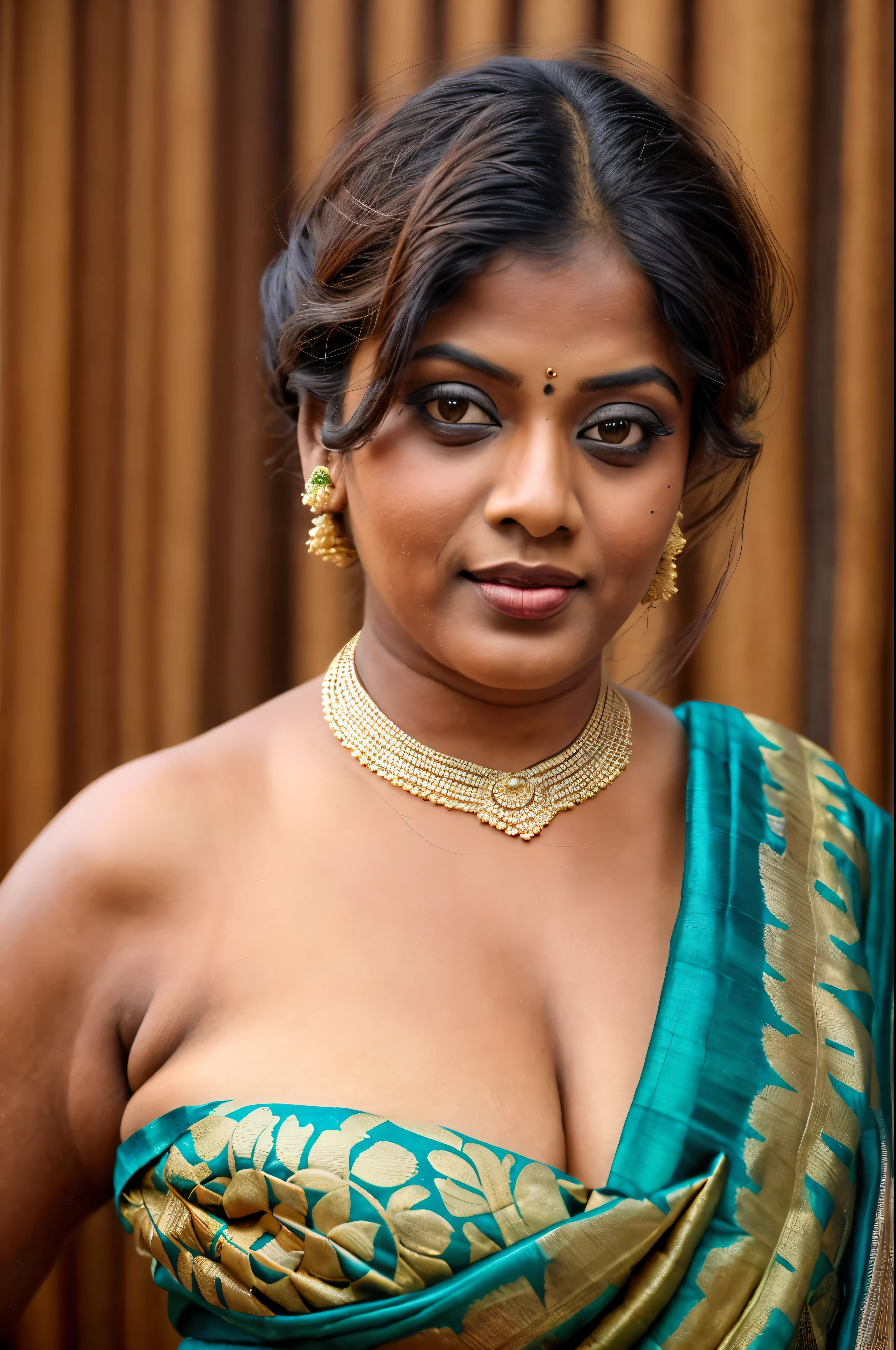 An Extremely gorgeous and beautiful Bengali village woman, 45 yo, pale white skin, sensual appealing body, perfect thick and chubby Beauty, wearing saree bare-chested, wearing a Bengali-style saree without a blouse,, ethnic vintage bengali village woman, bengali style saree, The sari was worn without a blouse and petticoat before the British Raj, baring one's chest or being blouseless,  Bengalis a.k.a. Bongs are known for their unique Bengali fashion sense (the way they don that sari makes you go wow), Pre British Raj, Pre colonial era, Bengali Woman draping sari without blouse is a normal thing in pre British Era, bong woman, wearing kajal or kohl or kajol in eyes, insanely detailed skin texture, visible veins, visible pores, 