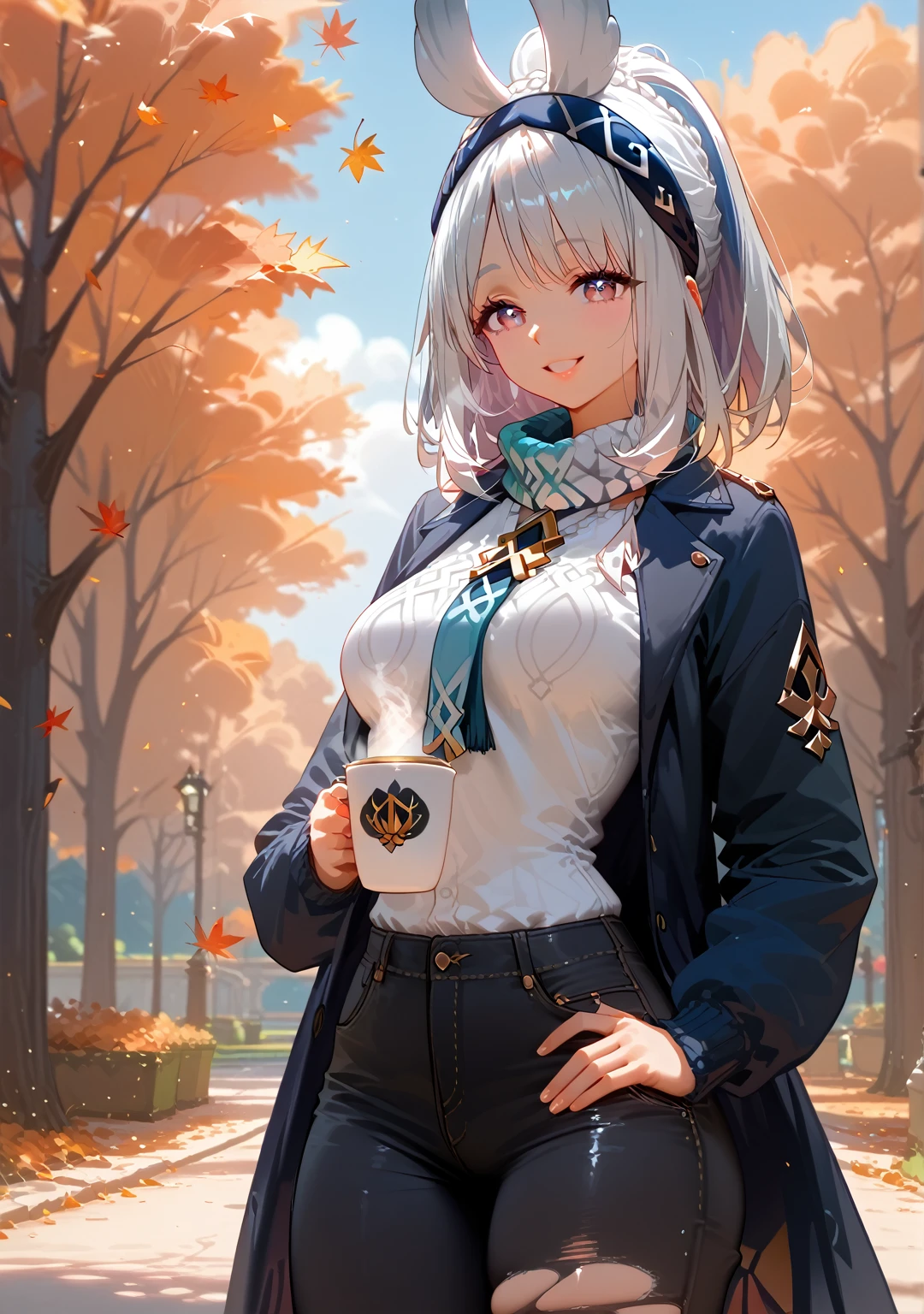 Highest quality, Highest quality, High quality illustrations, masterpiece, Ultra-high resolution, Detailed Background, Absurd, Perfect Anatomy, performance, Good lighting, Shadows in the movies, 1 girl, solo, mualani_\(genshin_impact\), alternate costume, medium breasts, standing in a park, fall season, beautiful autumn leaves, standing, scarf, open jacket, denim pants, black pants, torn pants, admiring the trees holding a coffee, happy, bewitching thighs, gleaming, shiny, shiny skin, shiny outfit, two beautiful legs