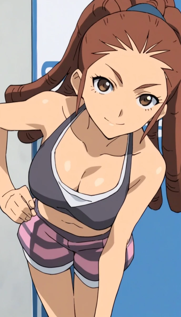 Scoring_9, Scoring_8_above, Scoring_7_above, Scoring_6_above, Scoring_5_above, Scoring_4_above, source_anime, 1 , Midou Reika, Dreadlocks, long hair, high ponytail, brown eyes, pose, leaning forward, smile, looking at the observer, big breasts. wearing a black bikini.