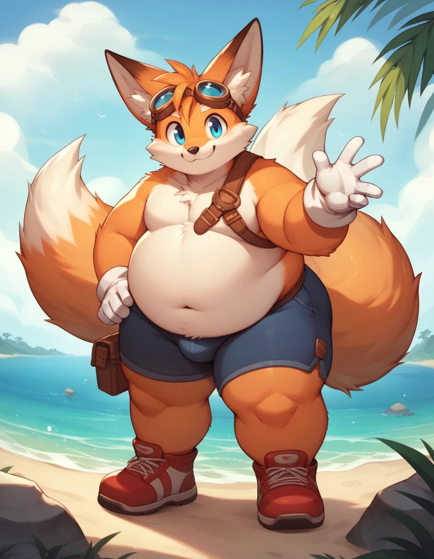 obese tails_boom, solo, obese body, smile, blue eyes, gloves, 1boy, animal ears, male focus, white gloves, fox ears, two tails, goggles, big checks, thick thighs, cute, furry, goggles on ,furry male, animal nose, fox boy,  ocean, forest, coast, sand, red shoes, palm, palms, trees, stones