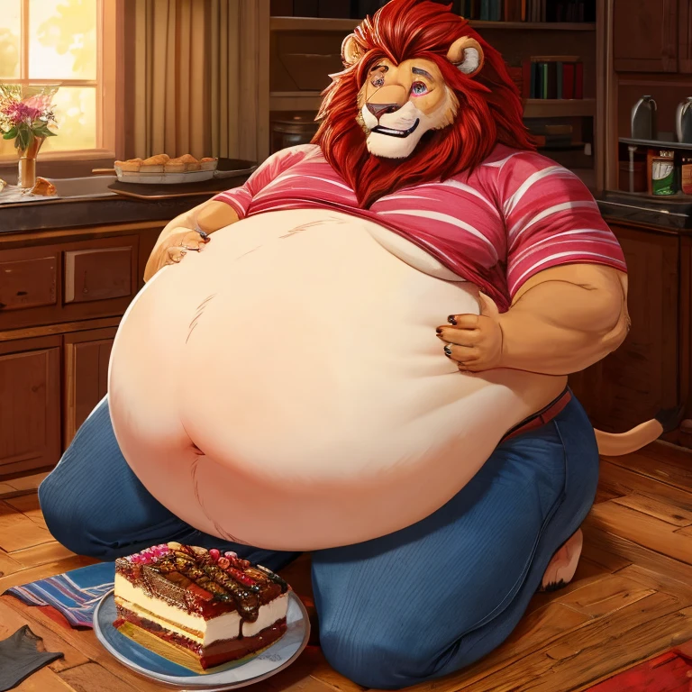 breathtaking oil painting, masterpiece, best quality, a morbidly obese anthro lion girl waddling in a kitchen, ((impossibly obese)), fat obese, lion, lioness, tail, large breasts, huge belly, wide hips, (fatfur), hyper fat, (enormous), (((obese))), blob, ((fat rolls, rolls,)), ((hyper obese)), furry, long hair, blonde hair, tired, small pajamas, exhausted, immobile, ((too fat to move)), waddling, walking, strechmarks, photorealistic oil painting, by charlie bowater, fine details, by wlop, trending on artstation, very detailed , very detailed,megafat, furry, fat, obese,fat_rolls, soft, obese, weight_gain, fattening, blue eyes, struggling, holding onto counter, sweaty, exhausted,