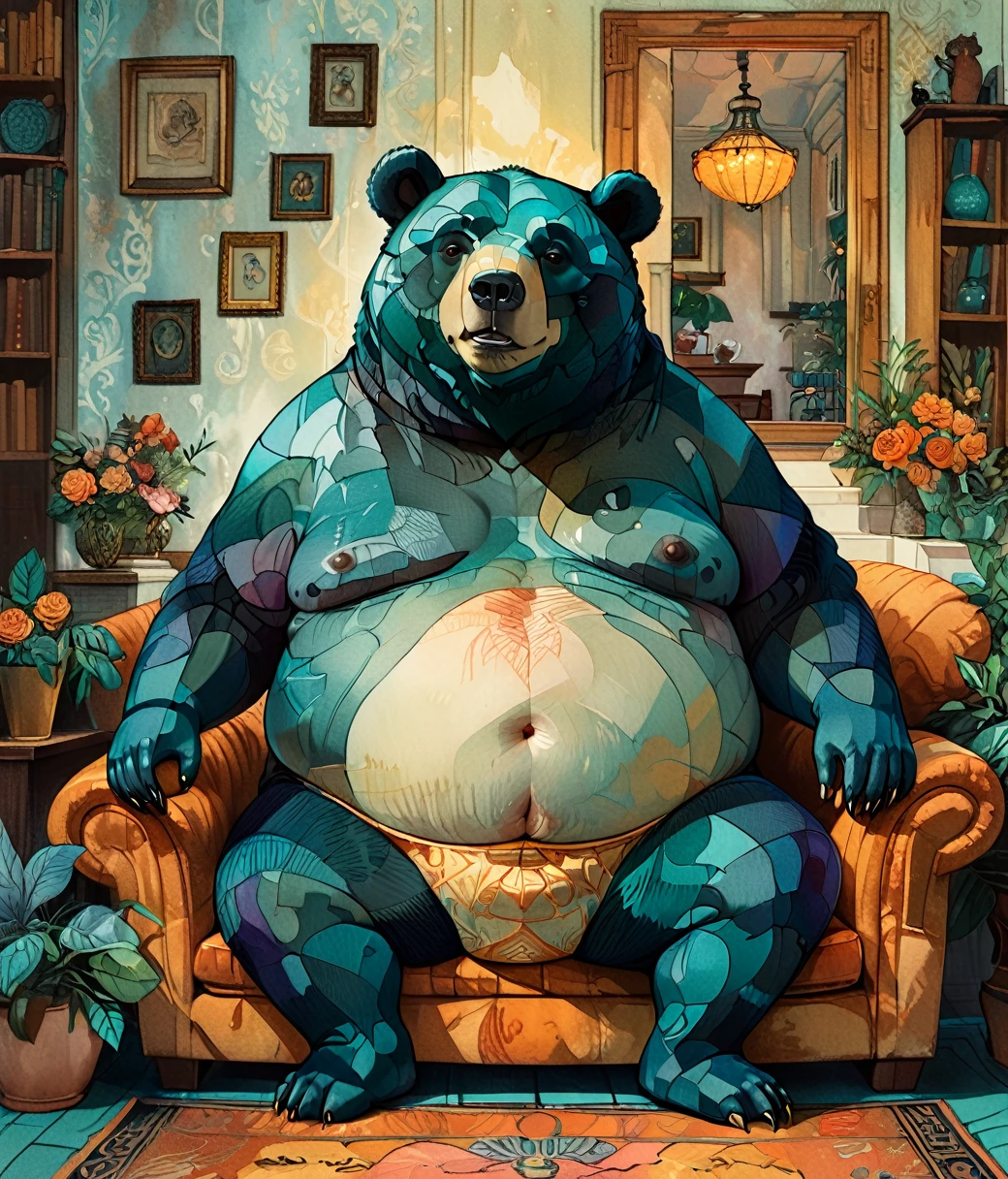 style of Diane Dillon, (cute, fat, obese, anthro, male, bear), solo, full body, ((cyan briefs)), dynamic pose, hires textures, highly detailed, intricate details, best quality, masterpiece