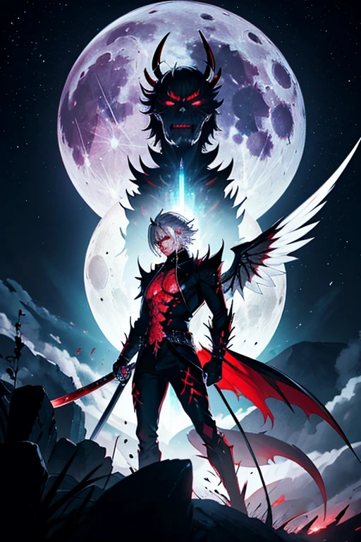 ((4K works))、masterpiece、(top-quality)、One Beautiful Girl、One Evil Man、((Male and female photos))、Slim body、tall、((Black Y-shirt and white pants、Charming street style))、Please wear one jacket、Wearing a hood to hide his face、(Detailed beautiful eyes)、Midnight Combat、In the fight against the demon man、((In battle on a cloudy sky))、((Two are fighting while flying in the sky))、((Flying in the sky))、saddened、suffocating、desolate、((Pitch black sky))、((Face similar to Carly Rae Jepsen))、((Short-haired white hair))、((Smaller face))、((Neutral face))、((With a woman with bright blue eyes))、((Devil Man With Bright Red Eyes))、((American Adult Women and Men))、((Adult female and male 26 years old))、((With cool ladies))、((demon male))、((Like a celebrity))、((Korean Makeup))、((elongated and sharp eyes))、((angry expressions))、((In the fight with the sword))、((boyish))、Professional Photos、((Shot by two))、((He's fighting demon men))、((He is in front of the viewer))、((He is fighting in a distant place))、((In front of him is an evil man flying))、((He is flying in the sky and fighting))、horor、Photos of sadness、((Photos during the battle))