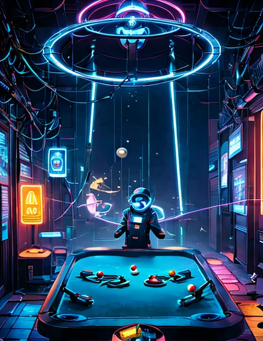 arafed astronaut playing pool with a ball and a cue, astronaut, astronaut below, astronaut, floating next to the planets, creepy astronaut, 🚀🚀🚀, 🚀🌈🤩, Outer space, Whistle masterpiece, Outer space, المشي in space, Whistle. Hyperrealism, an astronaut, in space, Space theme, detailed astronaut, floating in Outer space